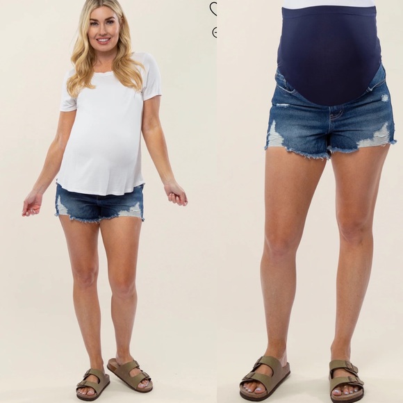 Pinkblush Pants - Pinkblush Dark Wash Distressed Raw Hem Maternity Full Panel Shorts